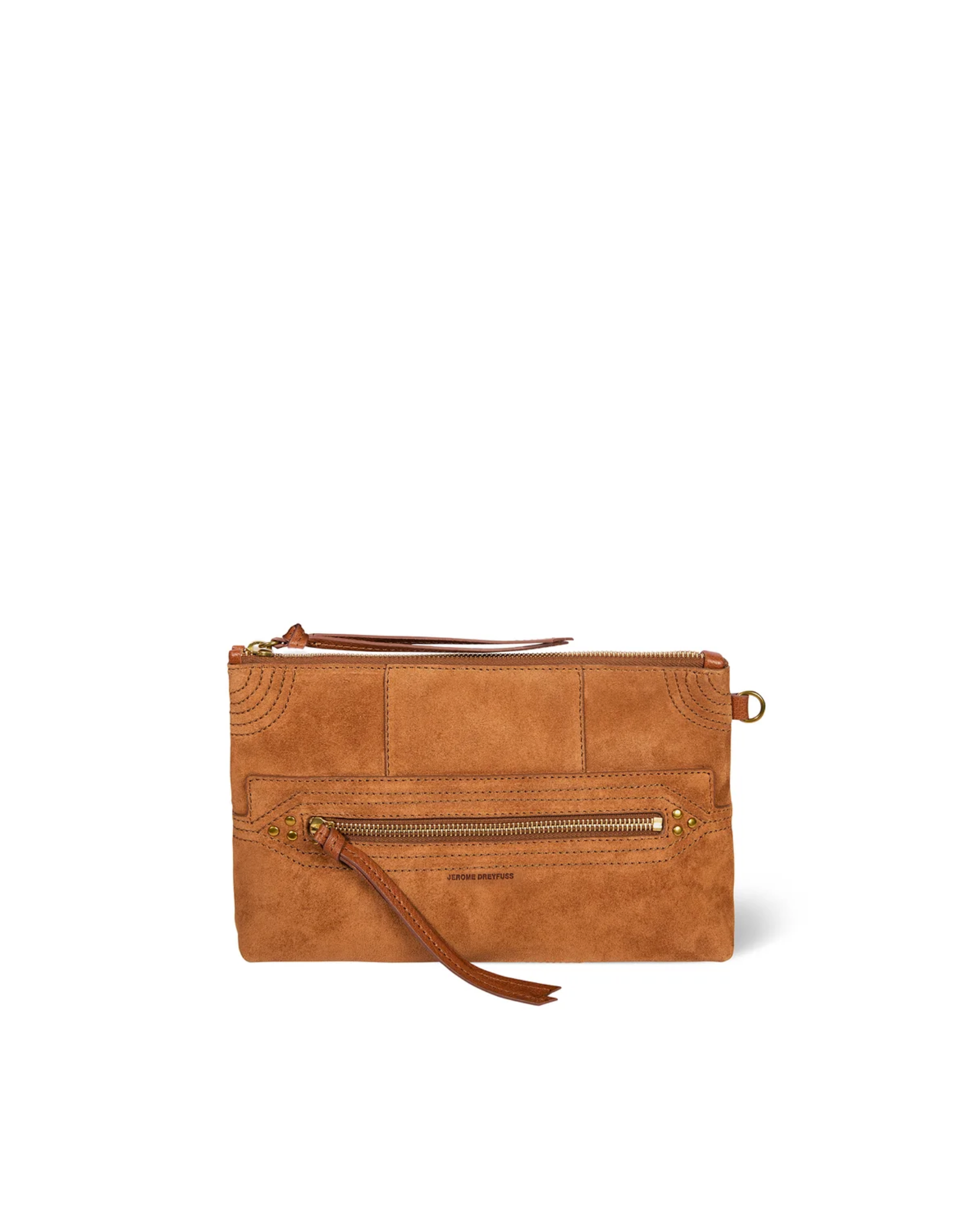 Caramel leather clutch with gold accents, front zip pocket, and wrist strap by Jerome Dreyfuss.