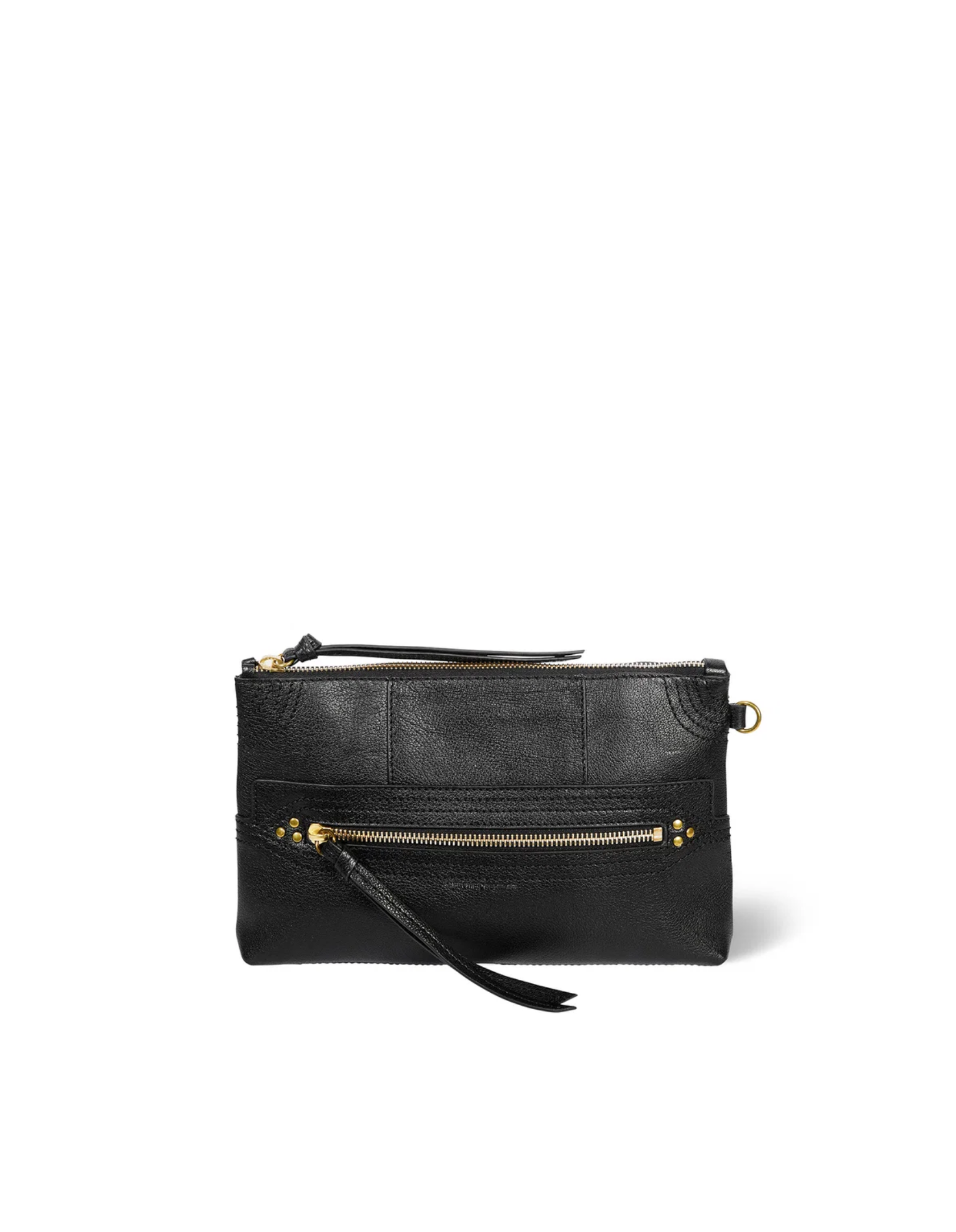 Black leather clutch with gold zippers and wrist strap, Jerome Dreyfuss Lucky Clutch L in Buffalo Noir Brass.