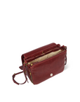 Burgundy lambskin bag with flap, beige interior, compartments, and adjustable strap by Jerome Dreyfuss.