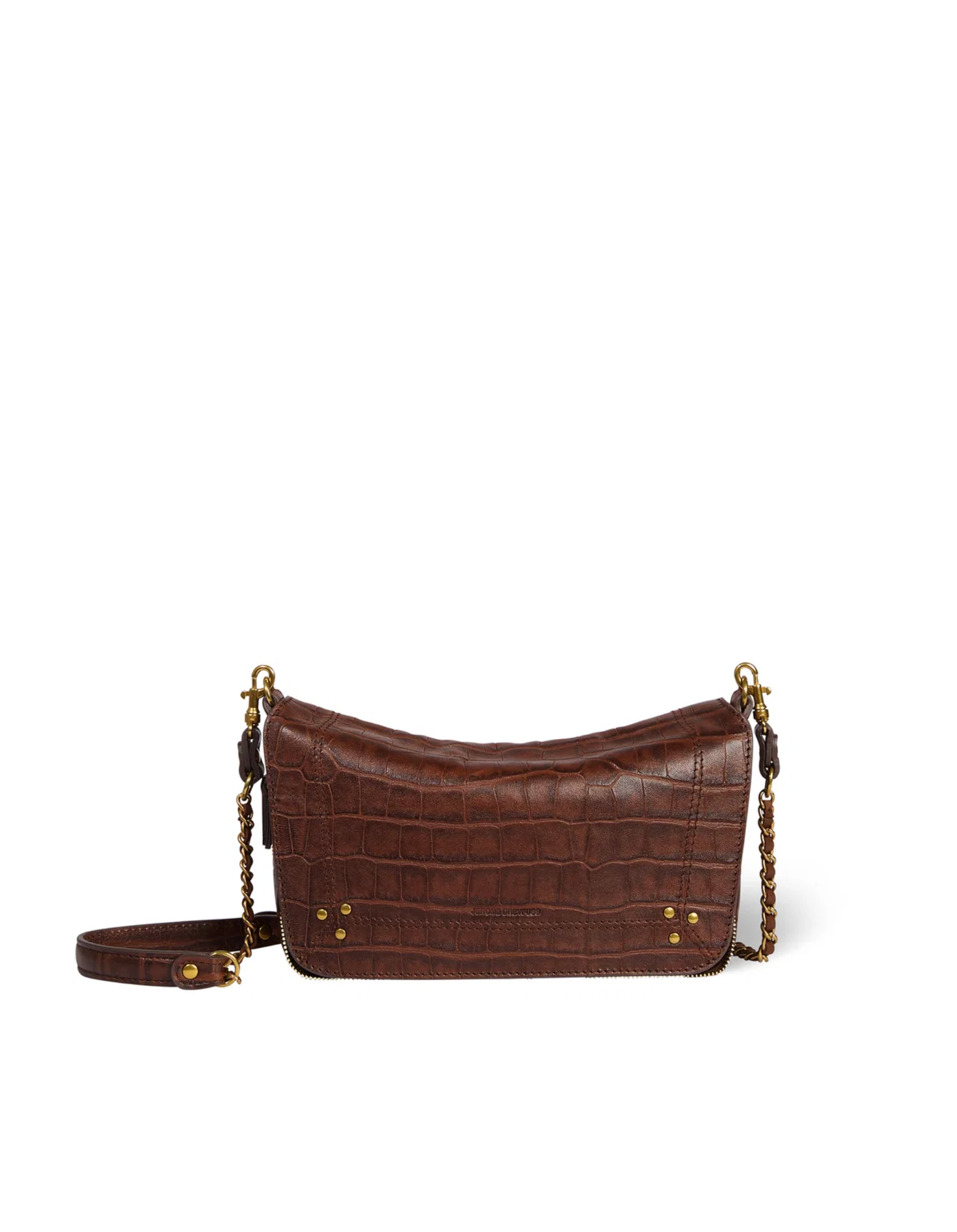 Small brown croc-embossed leather bag with gold hardware and braided chain strap by Jerome Dreyfuss.