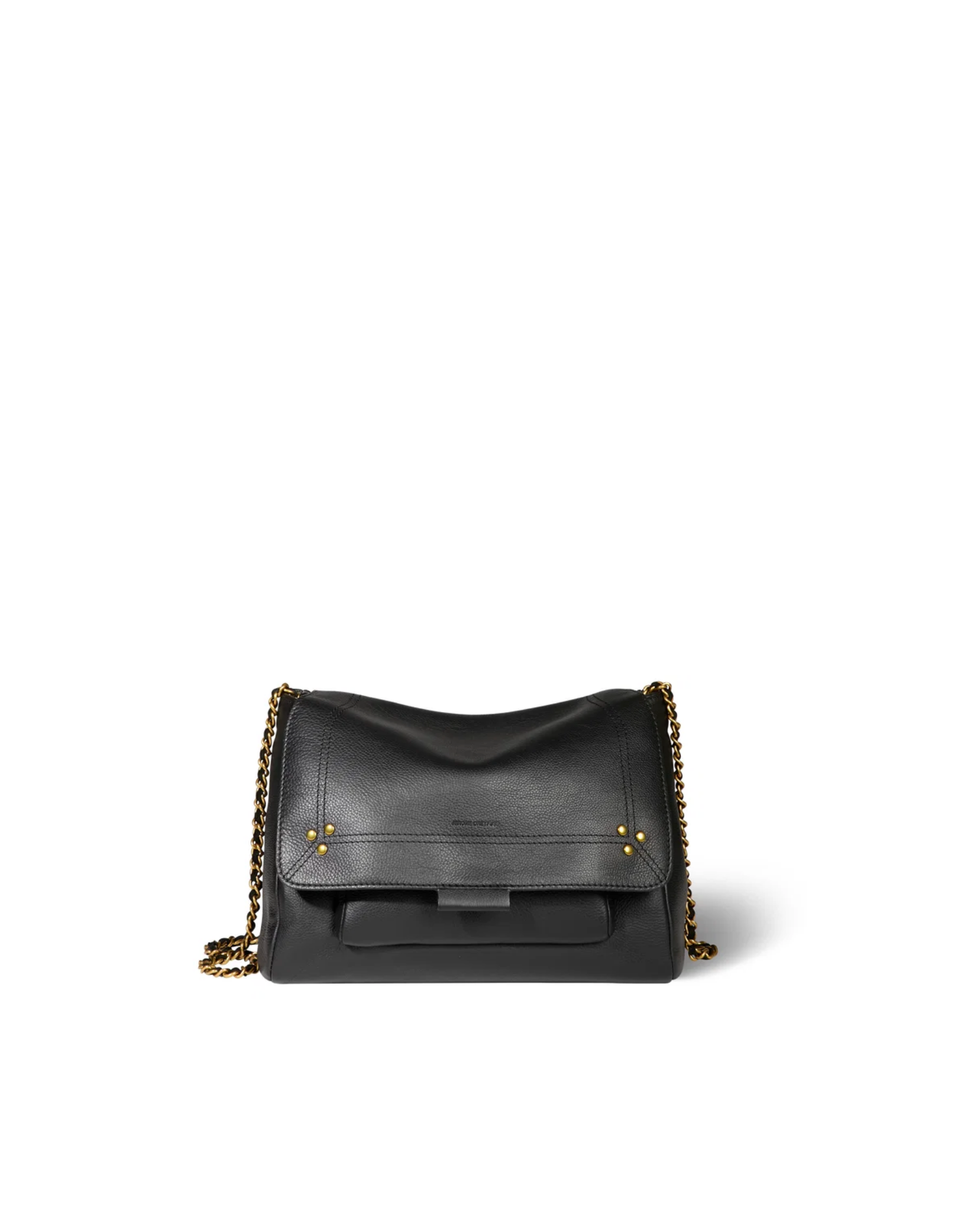 Black leather Lulu M Bag with gold chain by Jerome Dreyfuss, Noir Brass, water-repellent finish, flap closure.