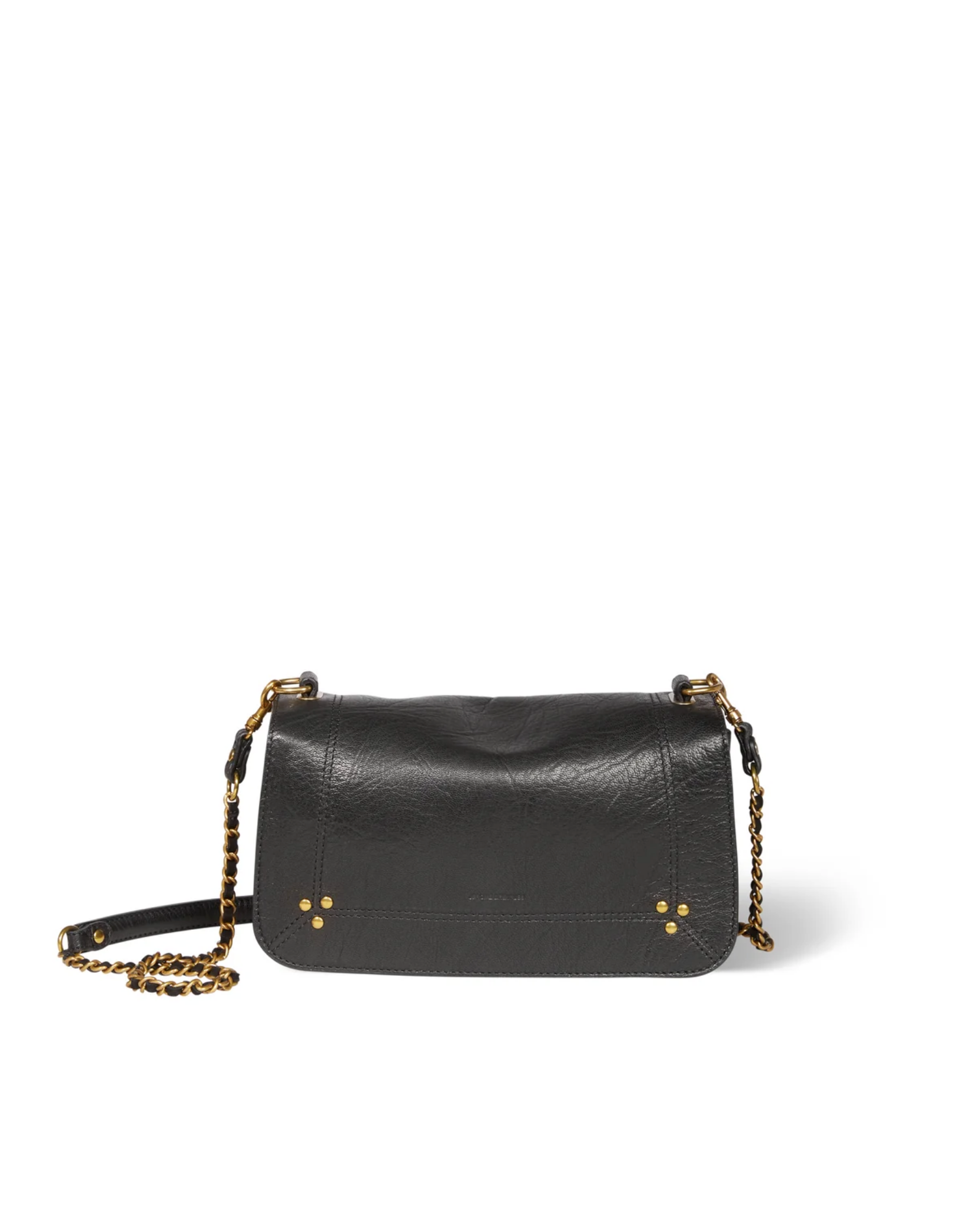 Black goatskin Bobi bag with gold chain, stud details, and adjustable strap by Jerome Dreyfuss for Bungalow.