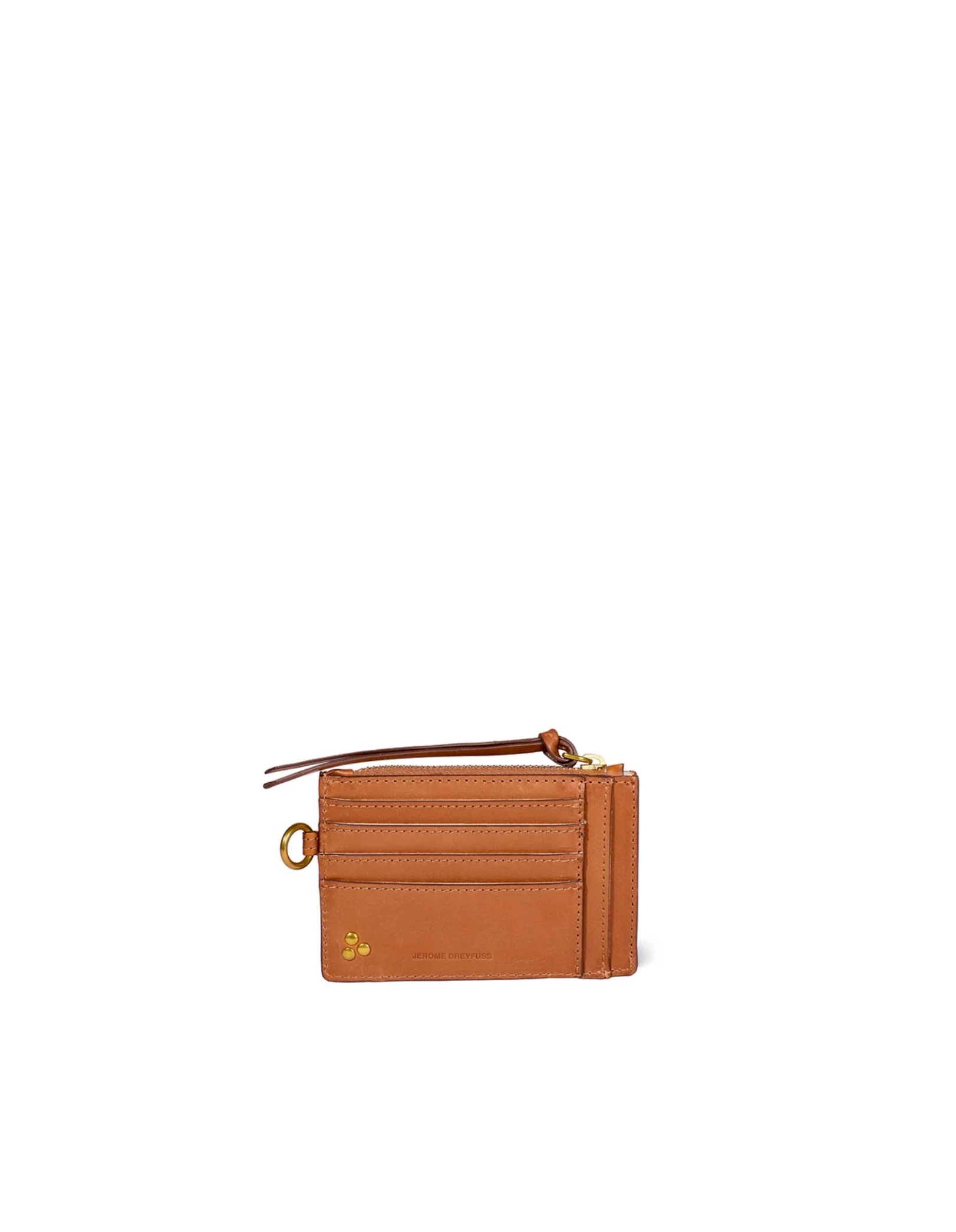 Brown leather cardholder with zip pocket, key ring, and seven slots by Jerome Dreyfuss.