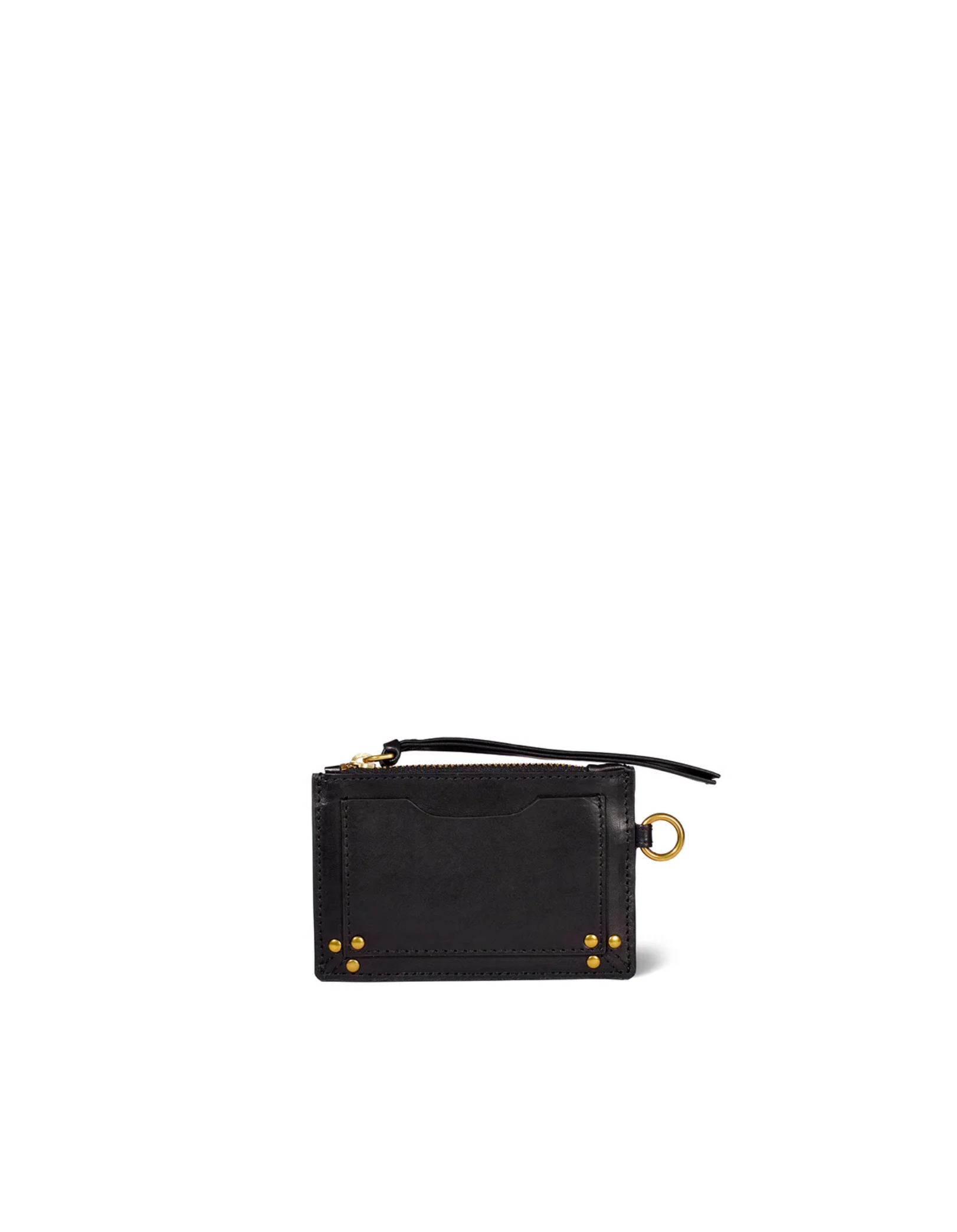 Black leather card holder with gold rivets, zip pocket, and keyring by Jerome Dreyfuss, Lucky Porte Cartes.