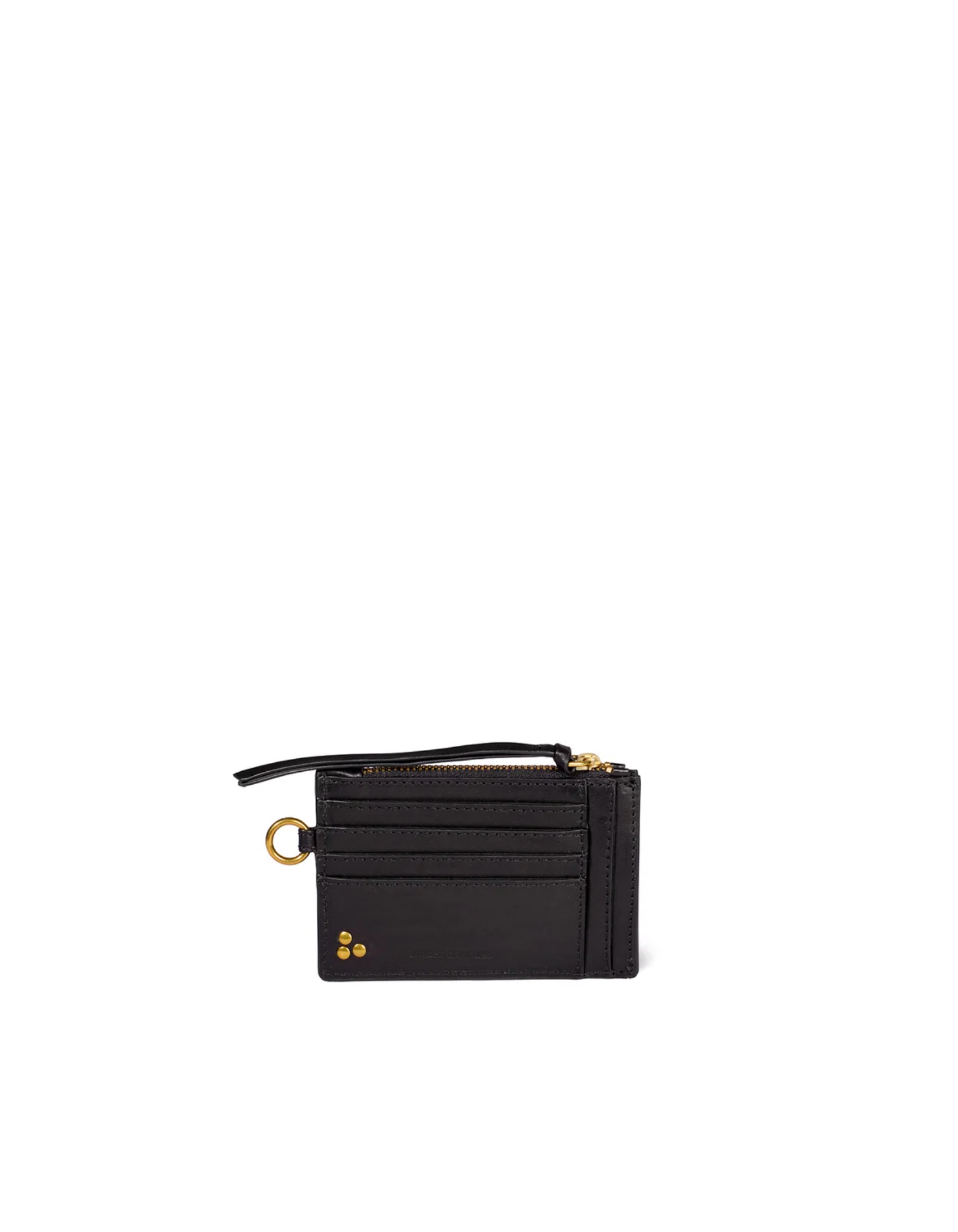 Black leather cardholder with gold accents, zip pocket, and seven slots by Jerome Dreyfuss.