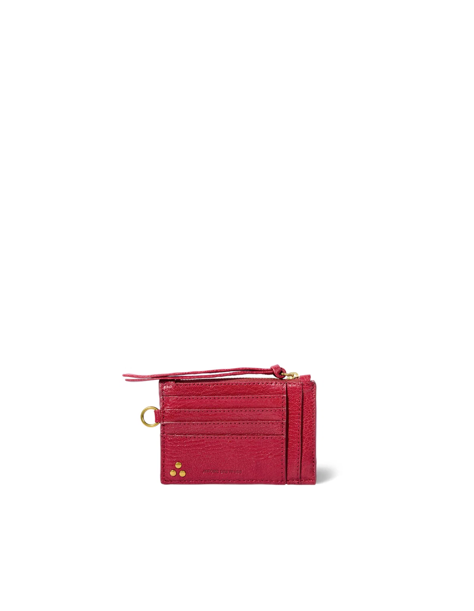 Red leather card holder with 7 slots, zip pocket, gold ring, and gold logo by Jerome Dreyfuss.