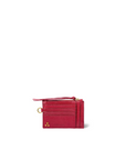 Red leather card holder with 7 slots, zip pocket, gold ring, and gold logo by Jerome Dreyfuss.