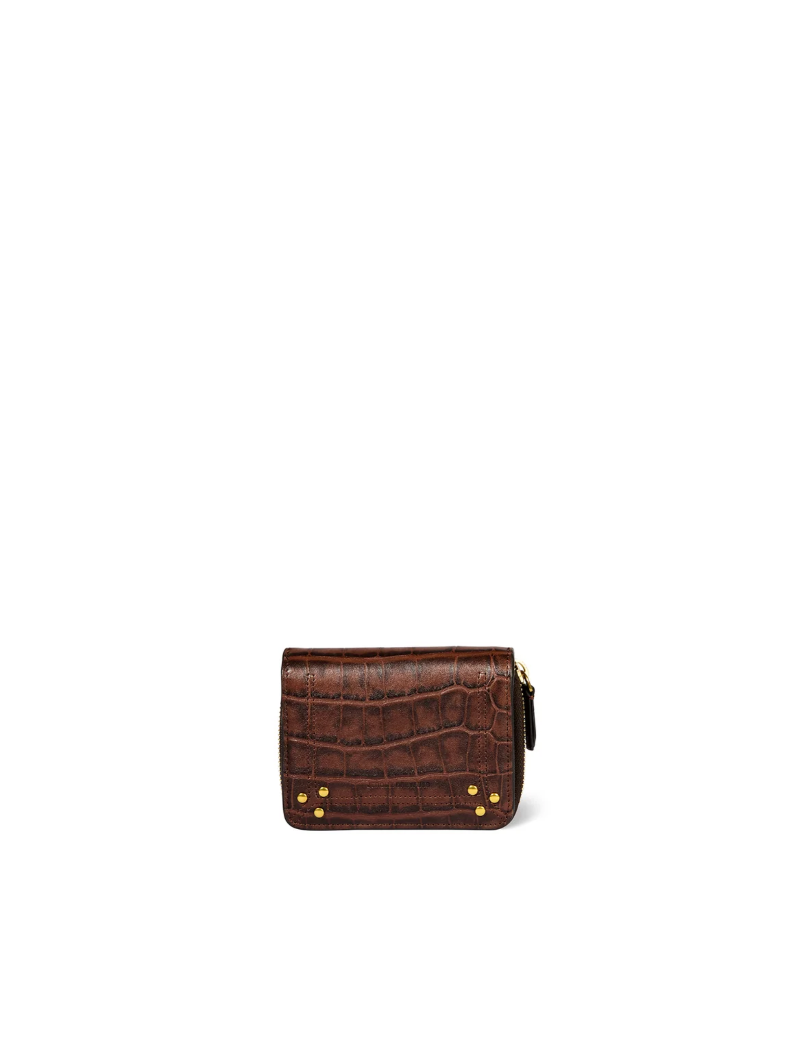 Brown croc-embossed zip wallet with gold studs and coin pocket by Jerome Dreyfuss.