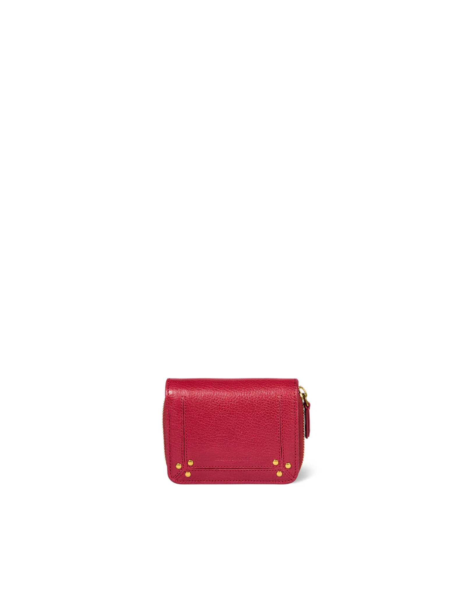 Carmin red goat leather zip wallet with gold studs by Jerome Dreyfuss, compact style with coin compartment.
