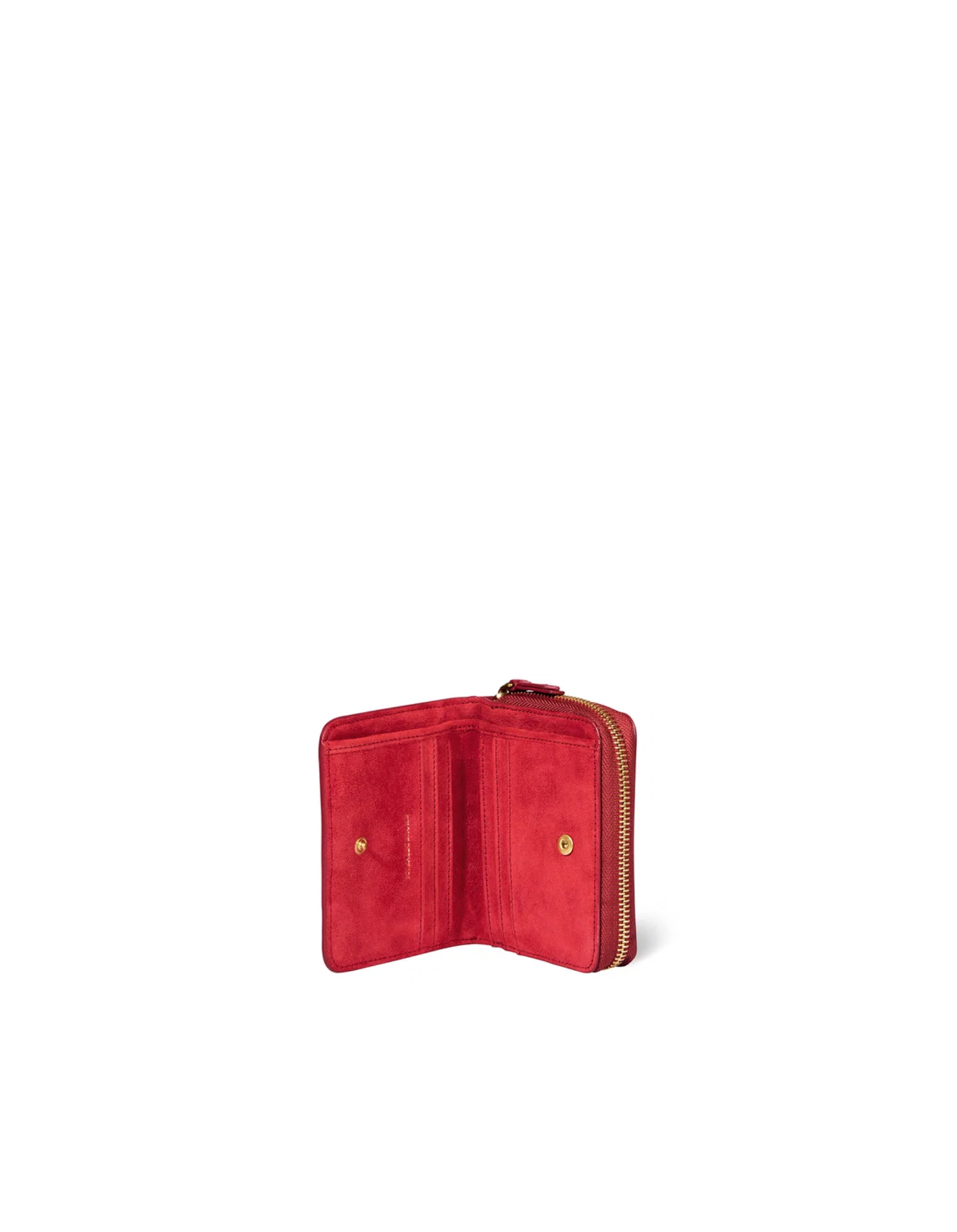 Red goat leather zip wallet open to show compartments and coin pouch, Jerome Dreyfuss Henri collection.