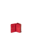 Red goat leather zip wallet open to show compartments and coin pouch, Jerome Dreyfuss Henri collection.