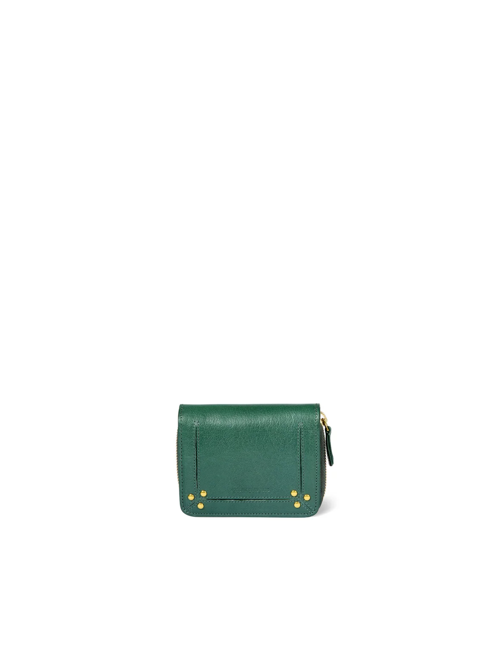 Henri Zip Wallet in avocado-green goat leather with gold rivets by Jerome Dreyfuss on a white background.