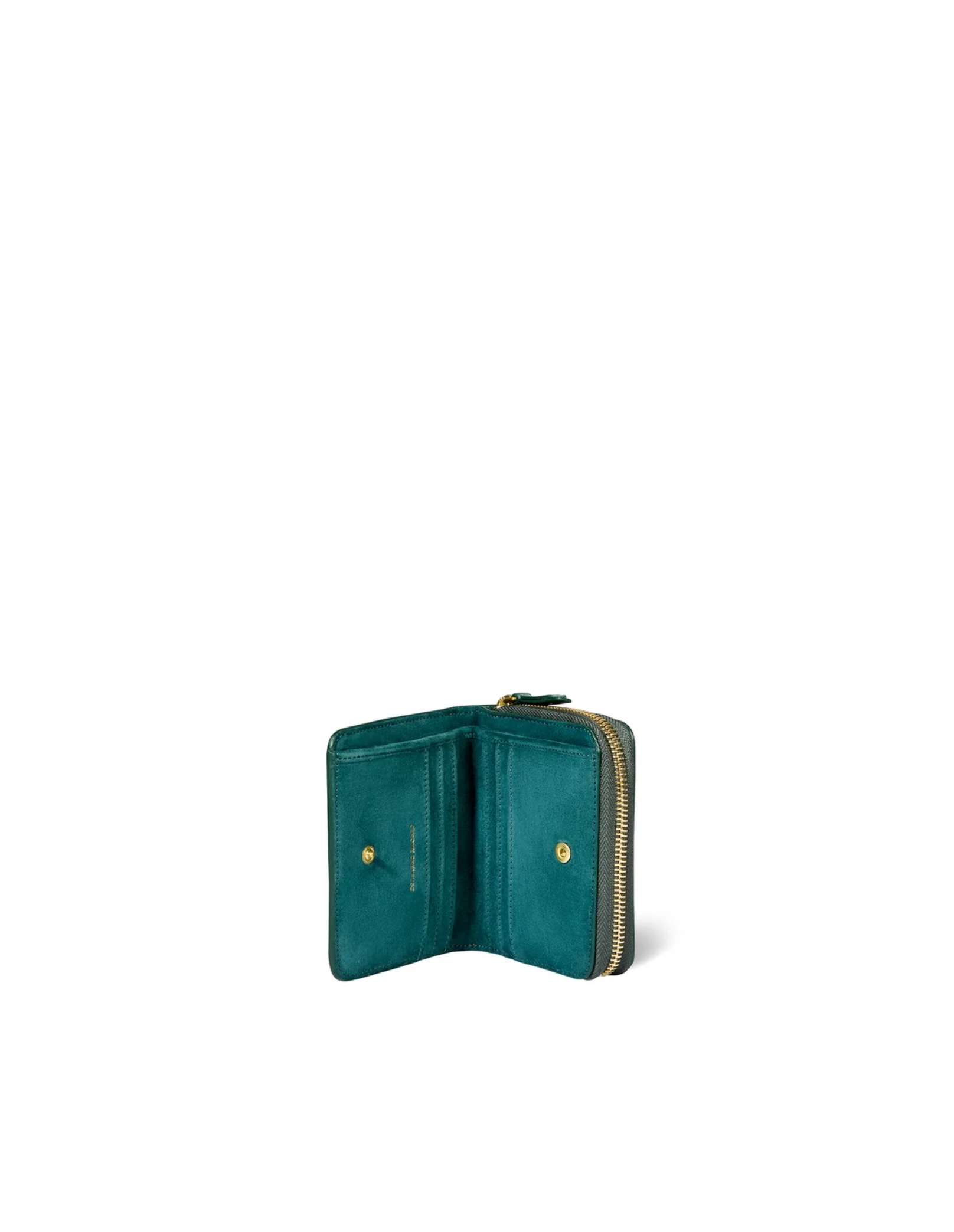 Teal leather Henri Zip Wallet by Jerome Dreyfuss, open to show snap and zip coin compartments on white background.