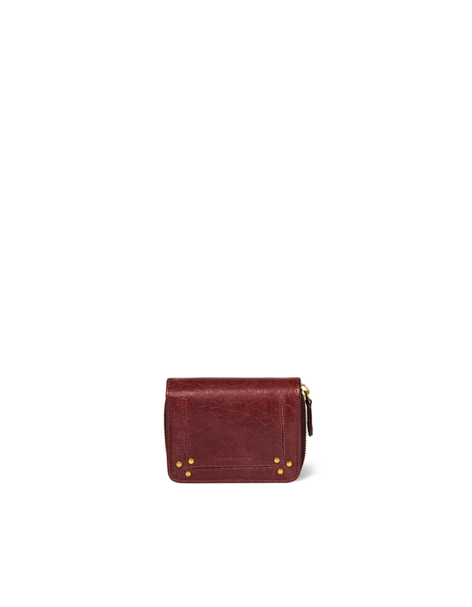 Bubble burgundy Henri Zip Wallet with gold rivets and zippered coin pocket by Jerome Dreyfuss.