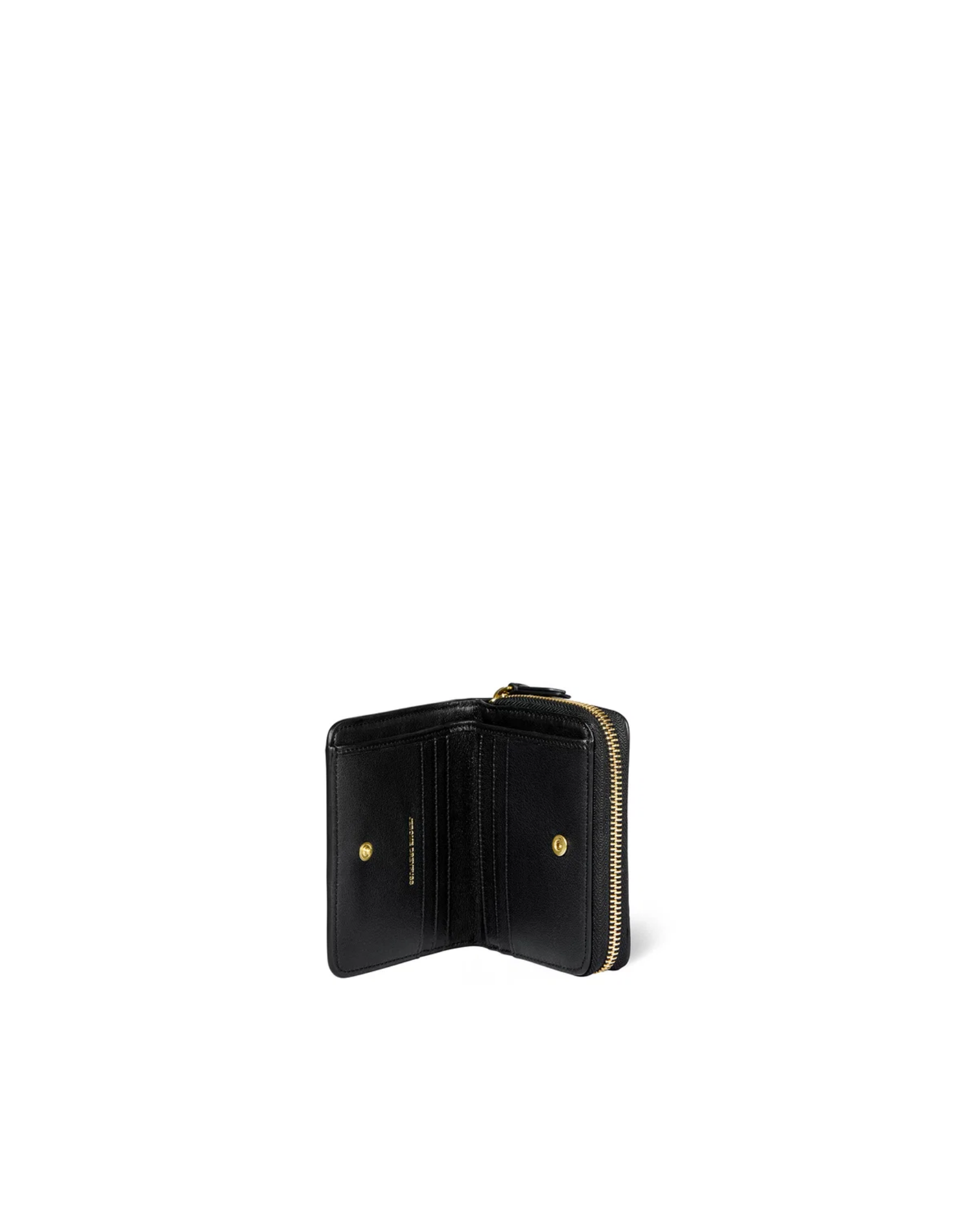 Black leather zip wallet with gold snaps and coin pocket by Jerome Dreyfuss, Henri style, on white background.