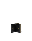 Black leather zip wallet with gold snaps and coin pocket by Jerome Dreyfuss, Henri style, on white background.
