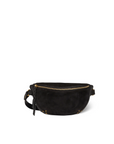 Black suede belt bag with gold zipper, front pocket, and adjustable strap by Jerome Dreyfuss, Lino Banane.