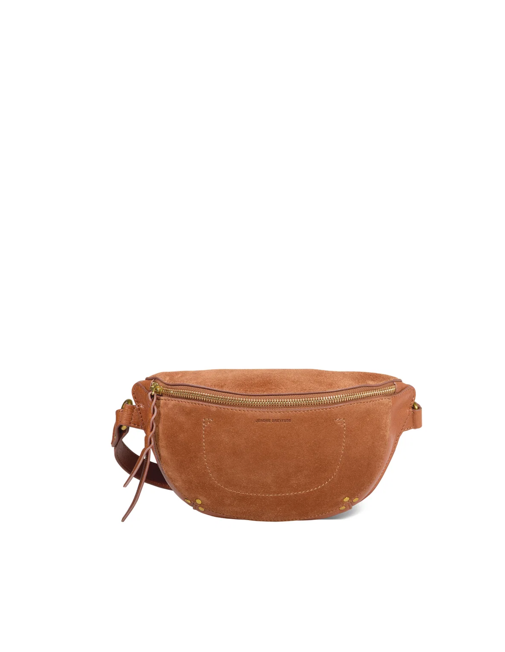 Caramel suede crossbody bag with front pocket and zip closure, Jerome Dreyfuss Lino Banane.