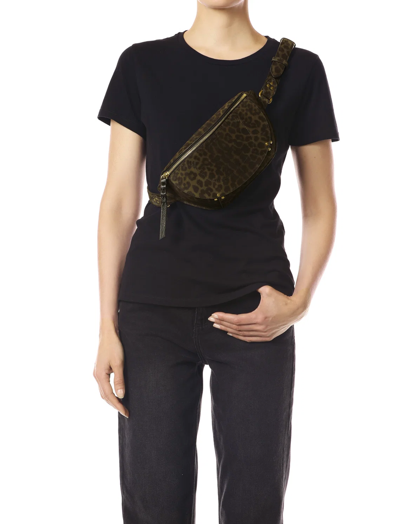 Jerome Dreyfuss Lino Banane leopard print crossbody bag styled with all-black outfit, worn over the shoulder.
