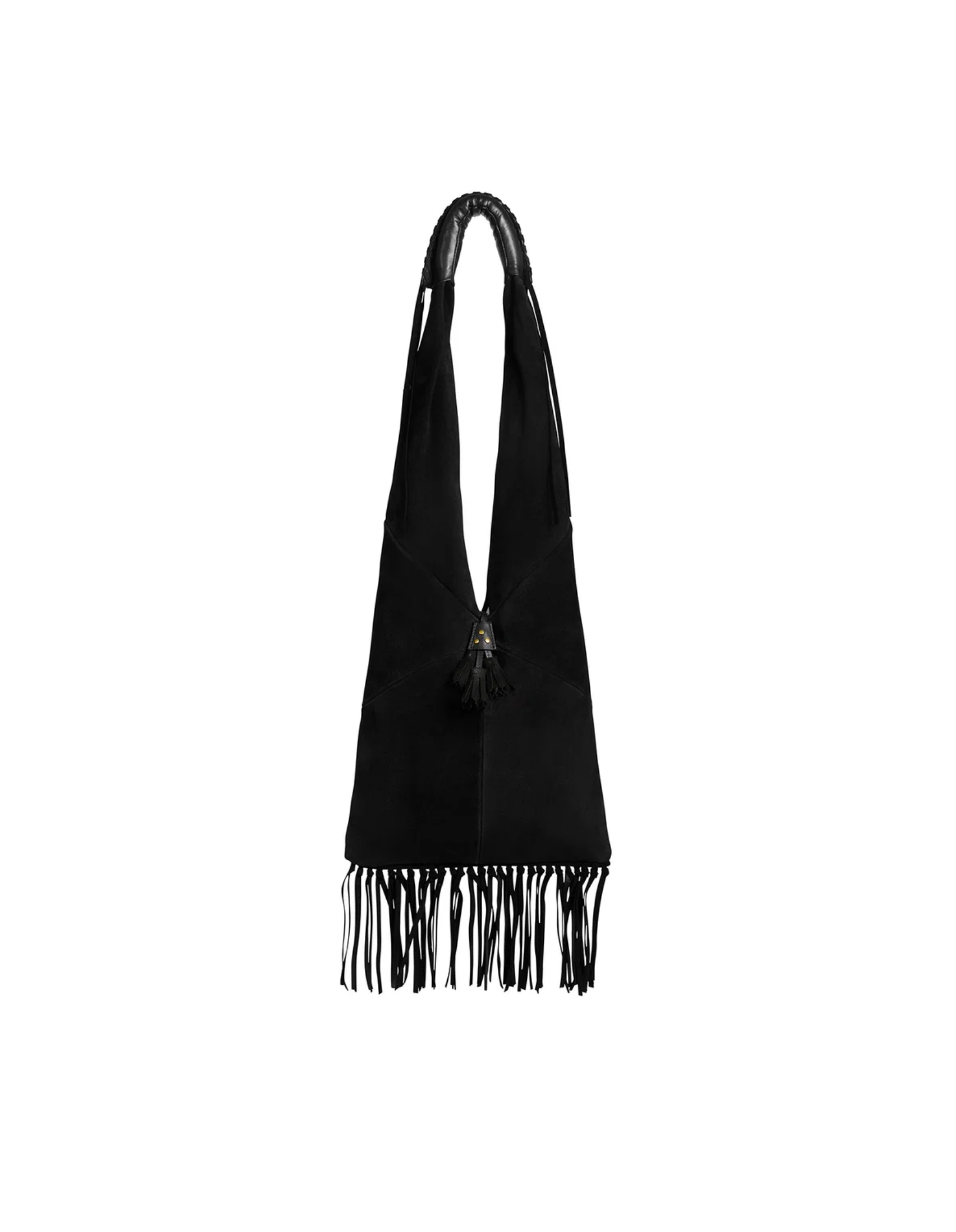Black split suede handbag with braided handle, fringe, and tassels by Jerome Dreyfuss, Aram M Bag.