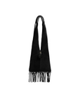 Black split suede handbag with braided handle, fringe, and tassels by Jerome Dreyfuss, Aram M Bag.