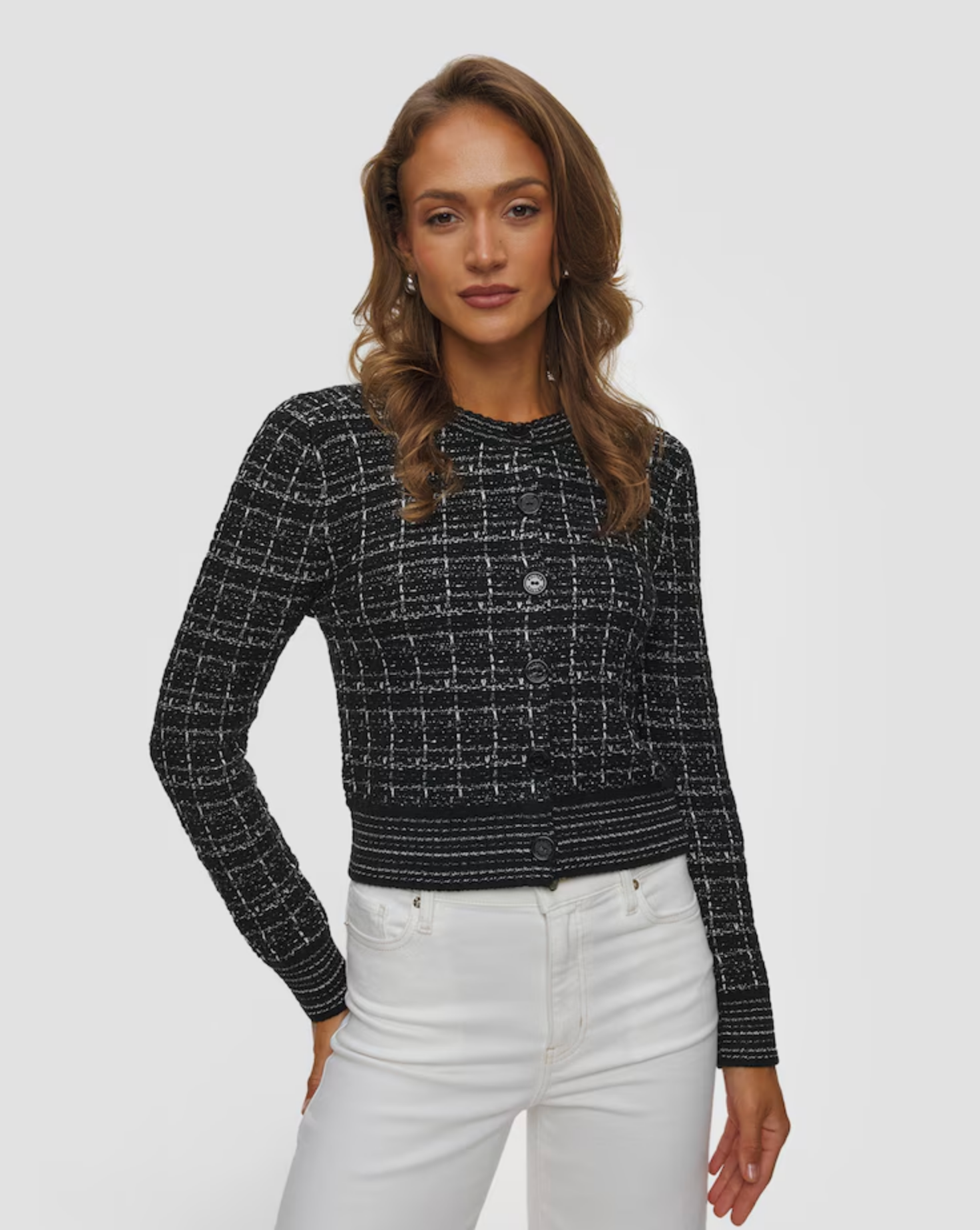 KUJTEN Caroline Cardi Tweed in light pattern, styled with white pants against a light gray backdrop.