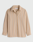 Oversized beige cotton button-down with blue and white stripes by Apiece Apart, long sleeves, relaxed fit.