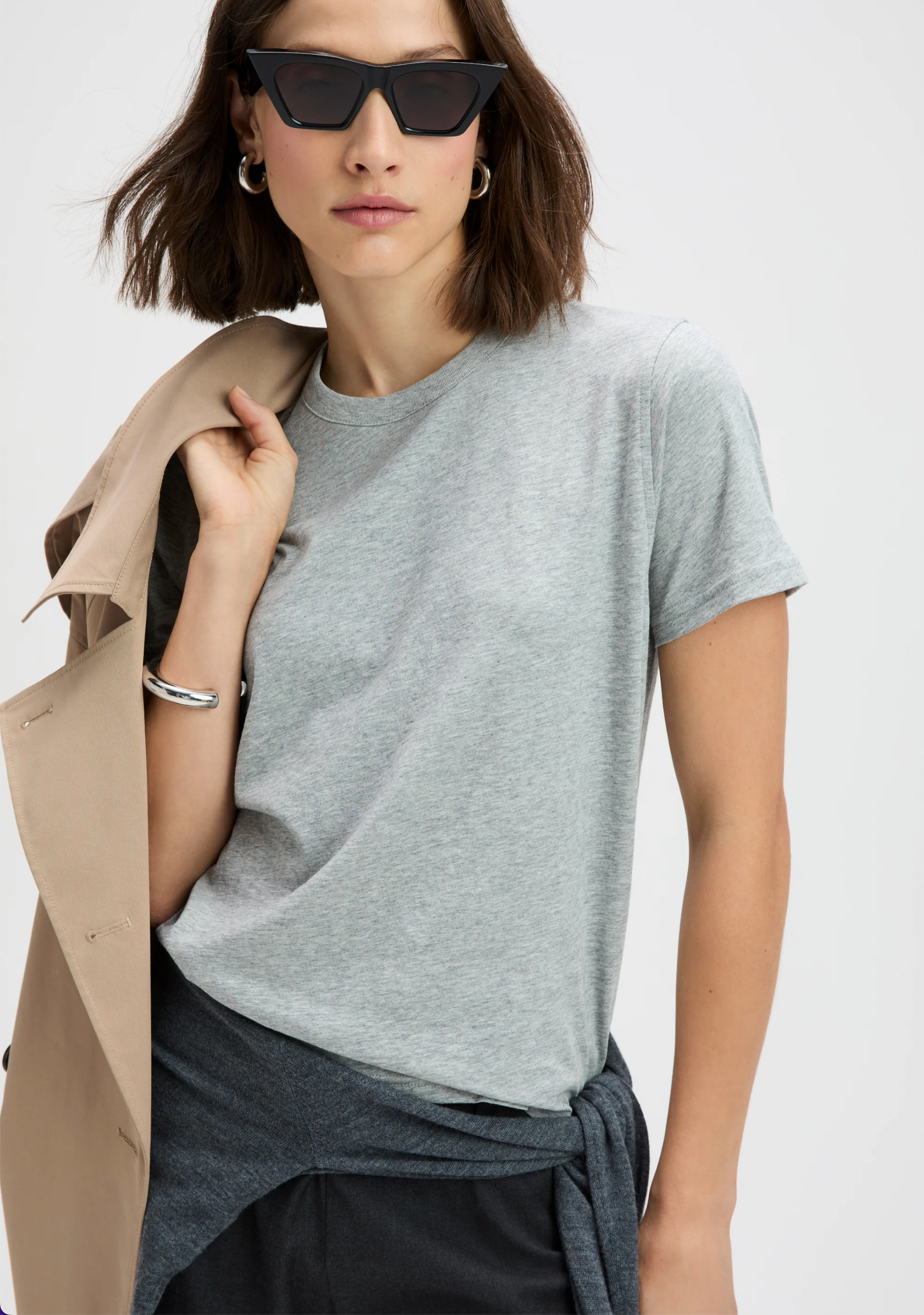 Sold Out NYC Iconically Soft Perfect Tee styled with beige coat; modern look for Bungalow Furniture &amp; Accessories.