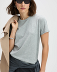 Sold Out NYC Iconically Soft Perfect Tee styled with beige coat; modern look for Bungalow Furniture & Accessories.