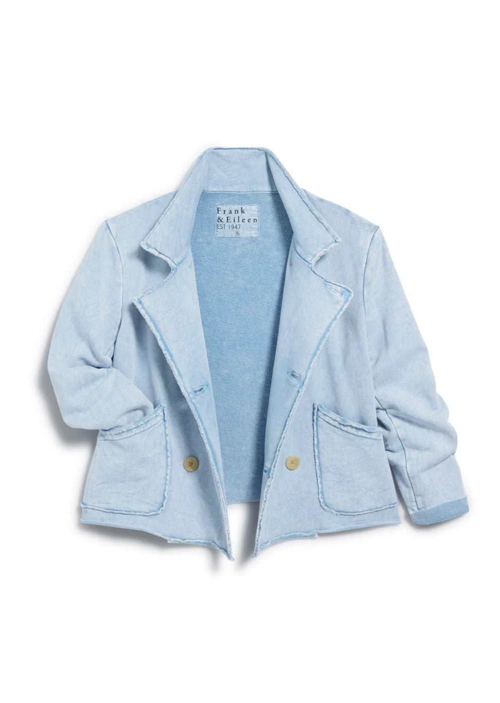 The MINI BELFAST Crop Peacoat by Frank & Eileen features notched lapels, two front pockets, beige buttons, and soft textured fabric. Its light blue design includes stylishly rolled-up sleeves for a relaxed look.