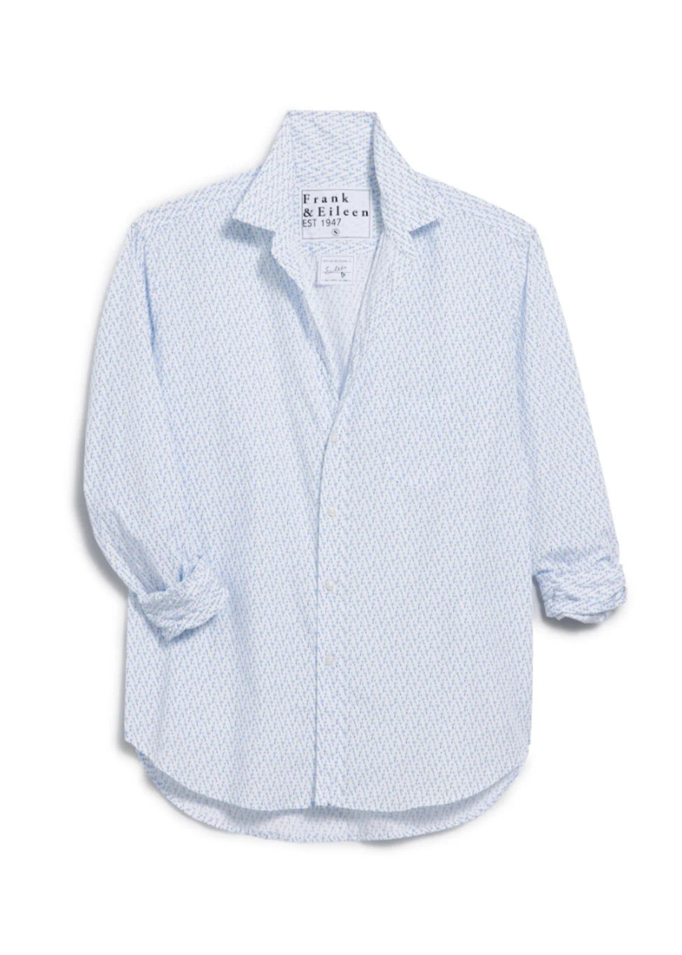 The Eileen S25 by Frank &amp; Eileen is a light blue and white patterned long-sleeve button-up shirt in luxurious Italian Cotton, featuring a relaxed fit and a pointed collar labeled with the brand.