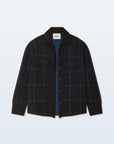 The White + Warren Cashmere Plaid Shacket is a women's long-sleeve, button-up layer featuring a black and blue plaid pattern, two flap chest pockets, and a black collar—shown on a simple light background.