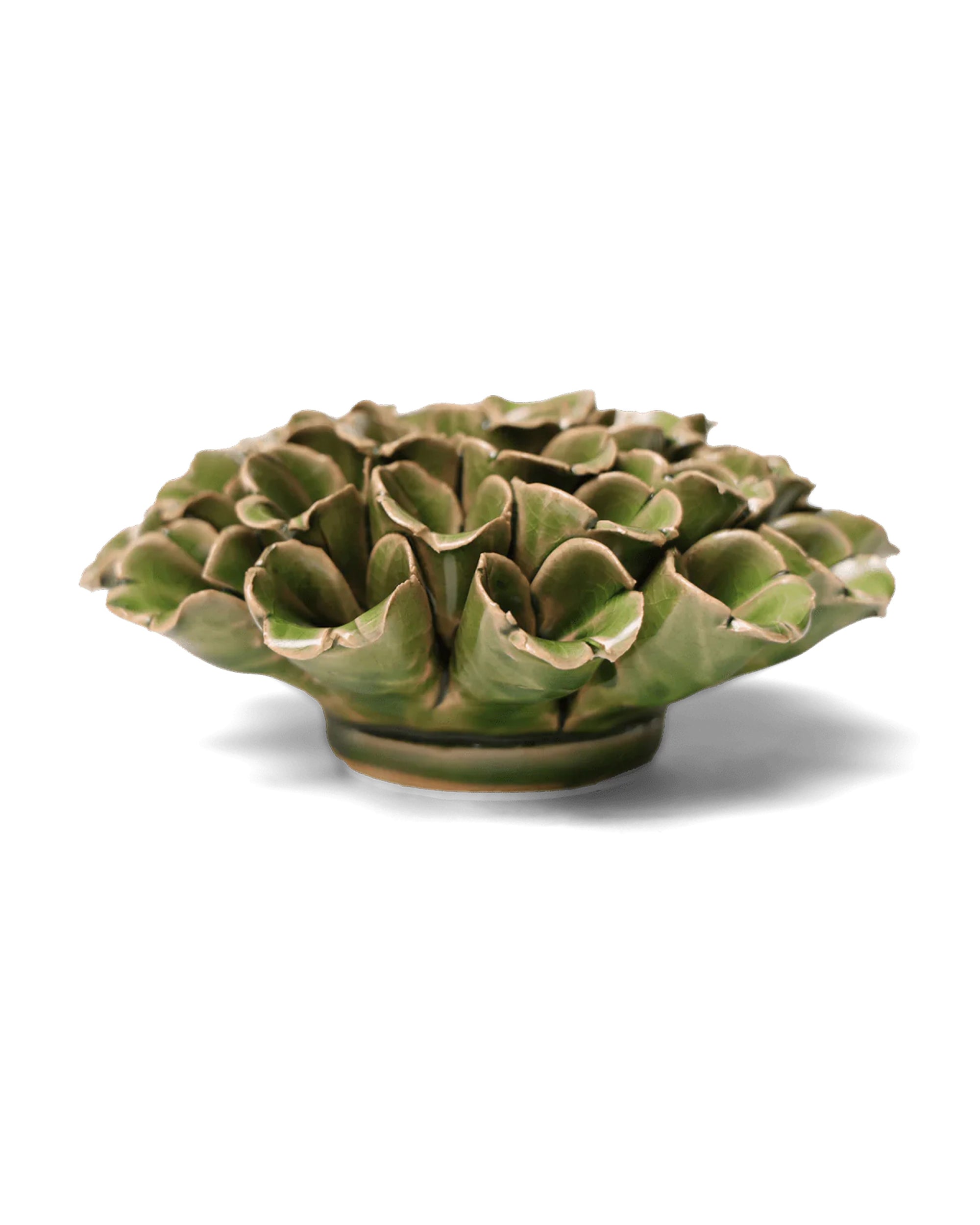 The Chive Ceramics Sea Polyp Large Green bowl features a textured, layered leaf-like design in green ceramic, showcasing handmade artistry against a white background.