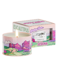 A lit candle labeled "Postcards Candle" by Postcards with the scent "Eucalyptus." The candle container and packaging feature an illustrated landscape of Sedona, Arizona, including pink mountains, green fields, and cacti. The box reads "Greetings From... Sedona, Arizona," capturing the serene beauty reminiscent of the Grand Canyon.