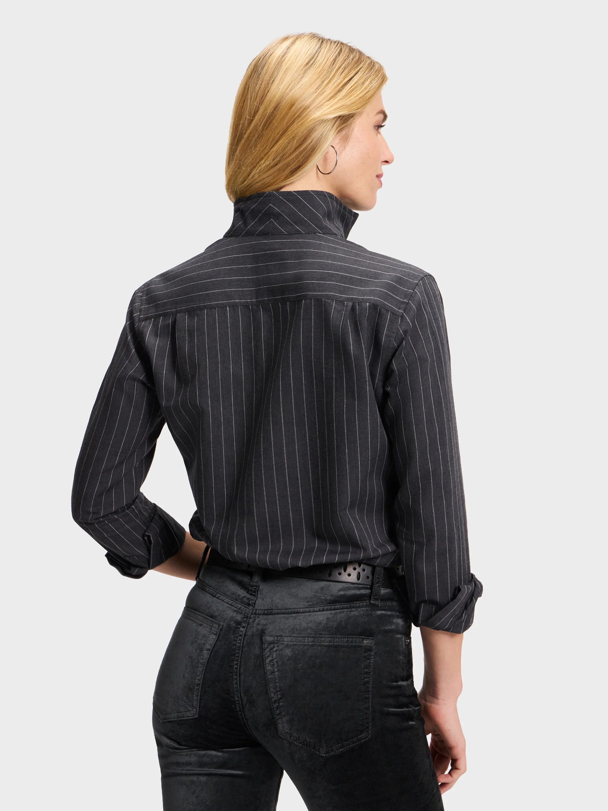 White Signature The Boardroom shirt by Sarah Alexandra, back view on model with blond hair, plain background.