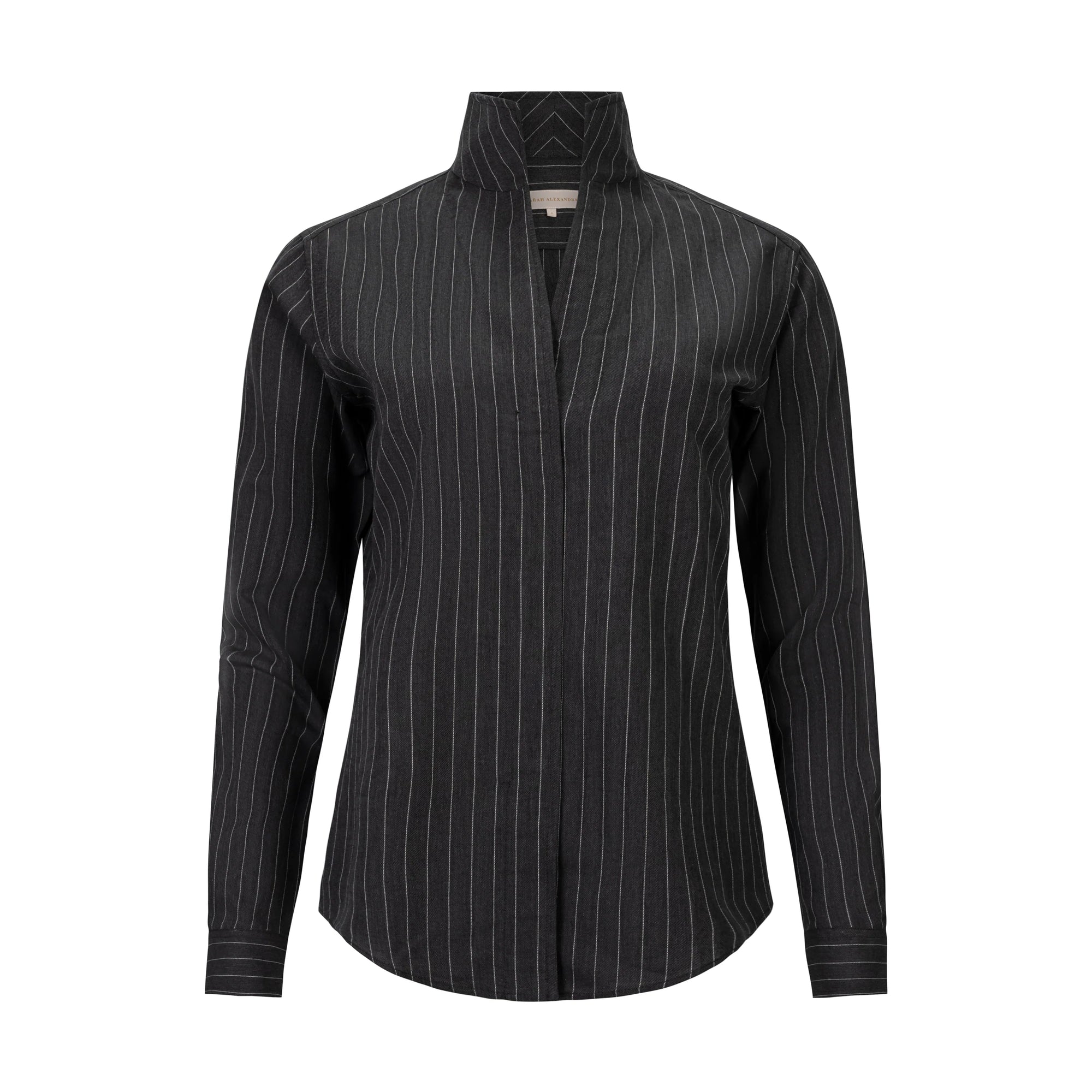 Charcoal pinstripe V-neck tailored shirt in wool-cotton blend by Sarah Alexandra, The Boardroom collection.