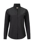 Charcoal pinstripe V-neck tailored shirt in wool-cotton blend by Sarah Alexandra, The Boardroom collection.