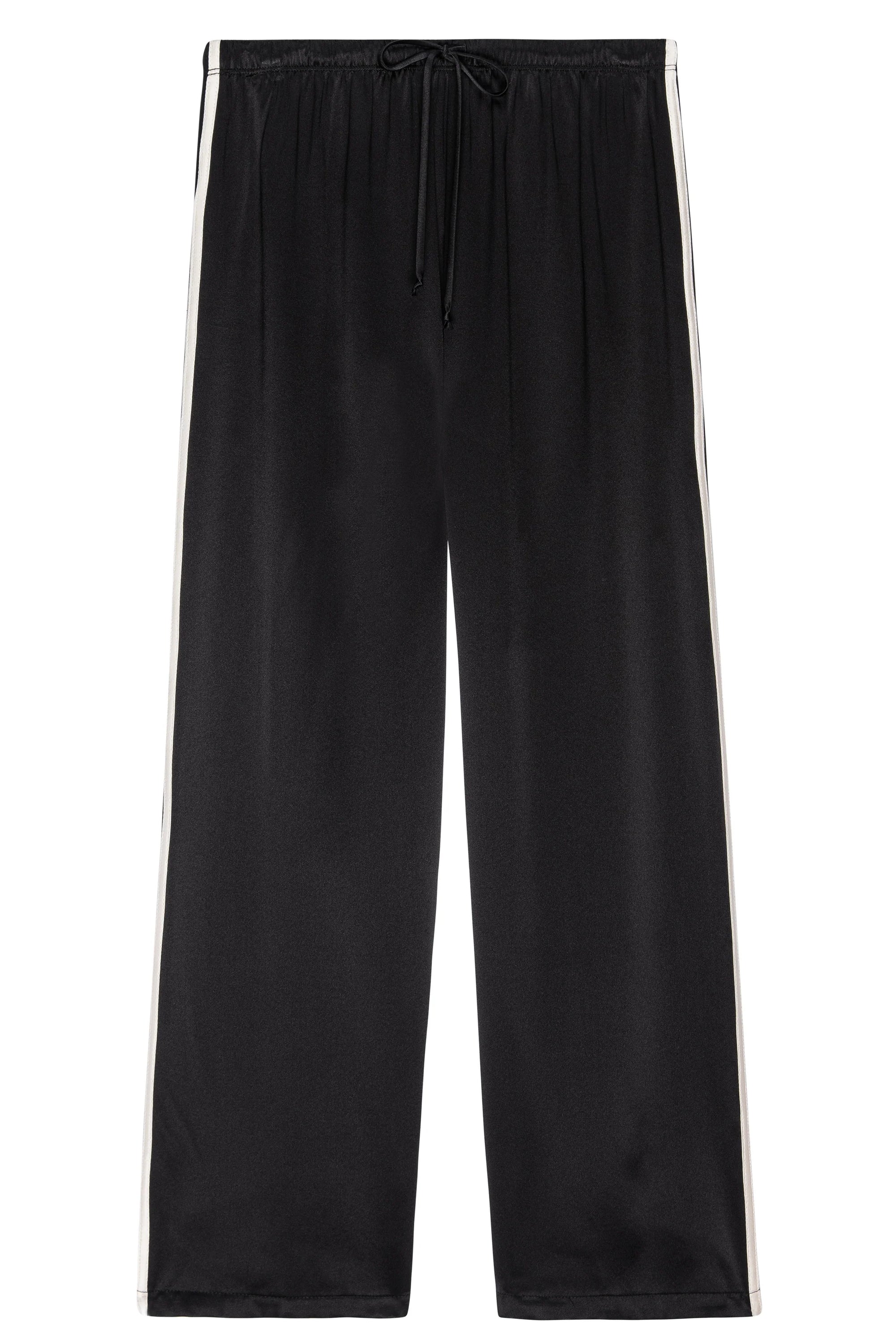 The Silk Stripe Crop Pant by Donni features a black wide-leg design with a drawstring waist and white side stripes, crafted from luxurious silk fabric.