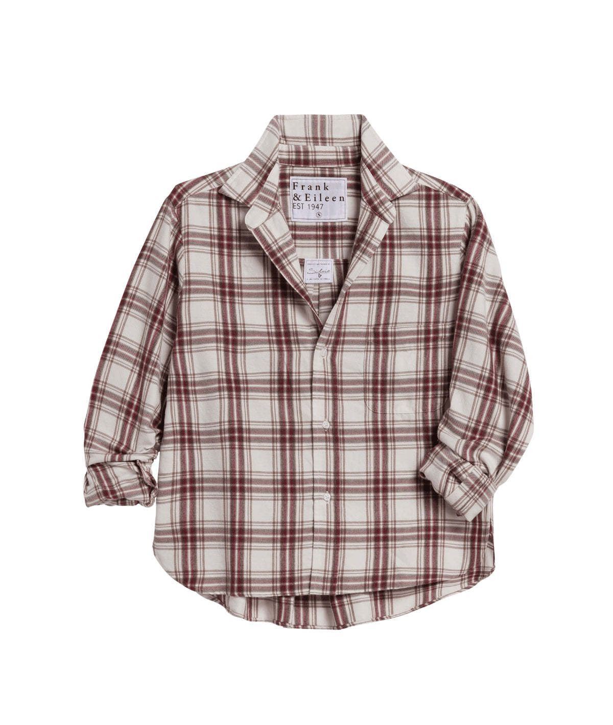 The Frank & Eileen Silvio Untuckable Shirt is a maroon and beige plaid, long-sleeve button-up made from soft Italian flannel, featuring a collar, cuffed sleeves, an oversized envelope pocket, and "Frank & Eileen EST 1947" tag.