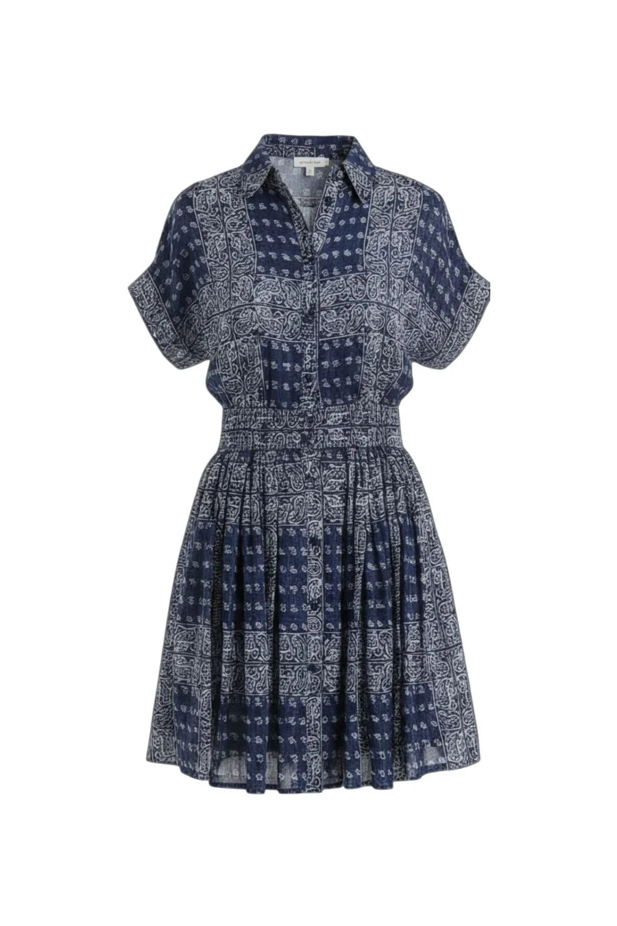 Short-sleeve paisley button-up dress with relaxed collar and flared skirt by Hunter Bell NYC, Inkwell Paisley.