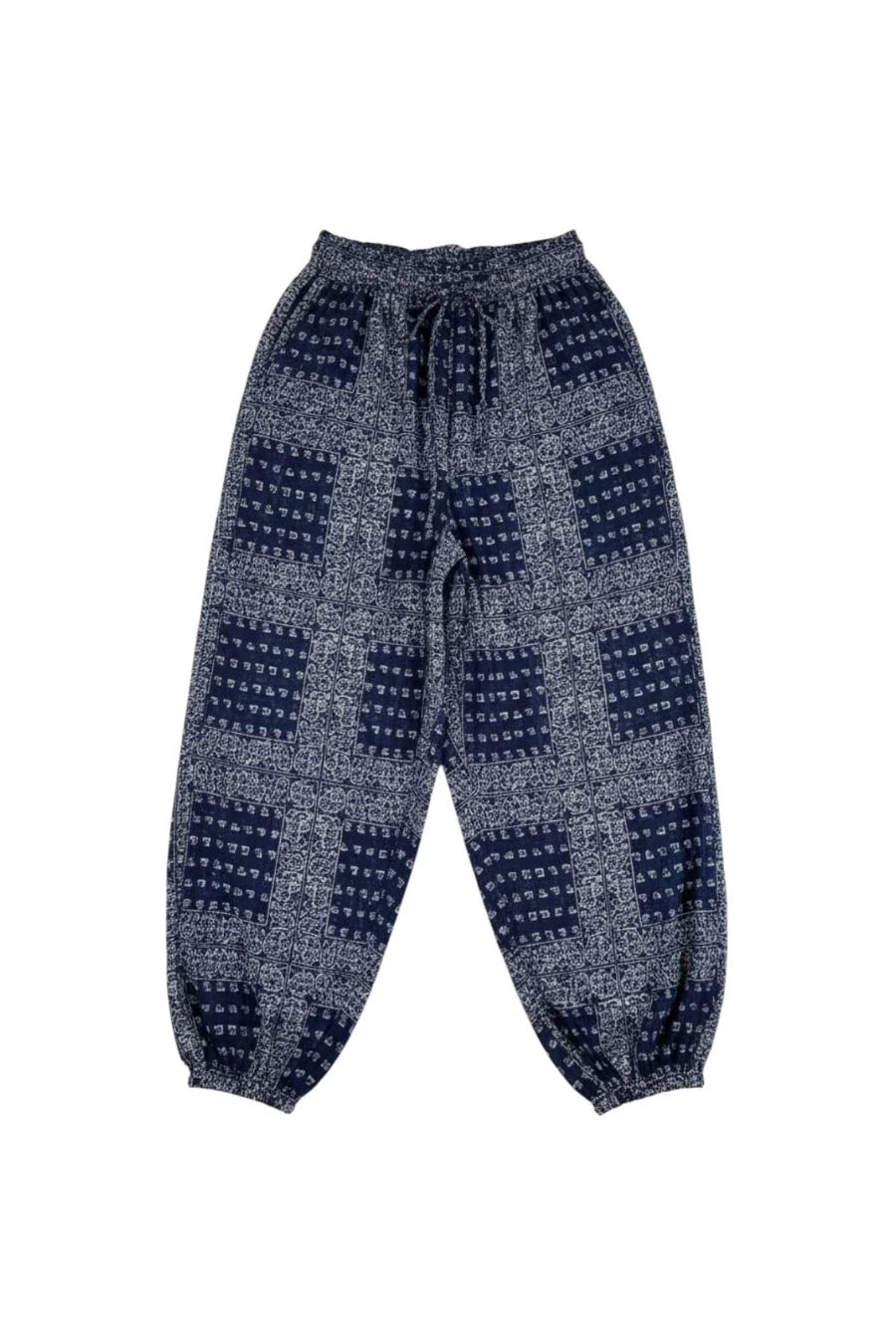 Navy pants with white bandana print, balloon legs, elastic waist and cuffs by Hunter Bell NYC.