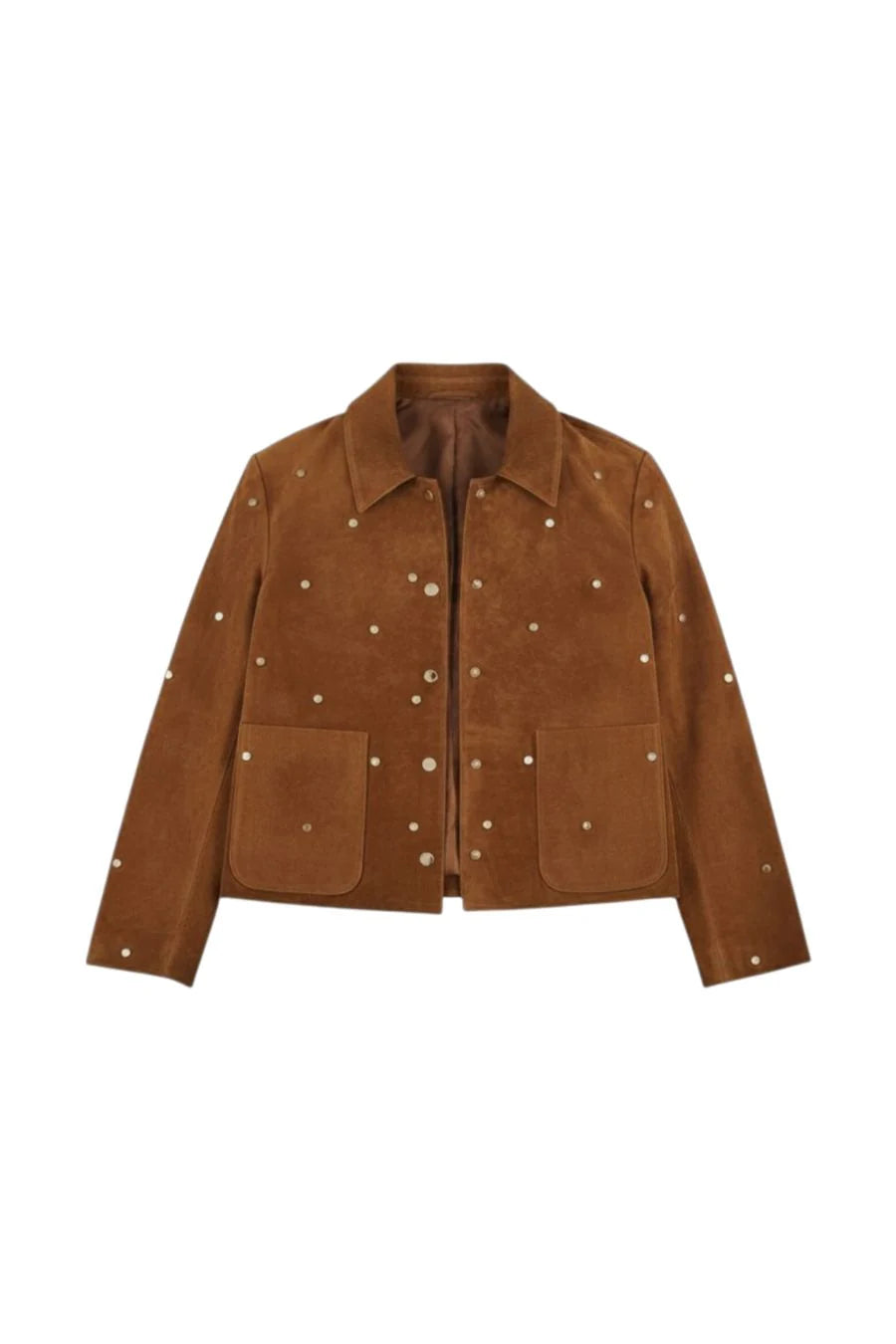 Brown suede jacket with front pockets, collar, metal studs; Hunter Bell NYC Hanlin collection at Bungalow Furniture.