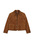 Brown suede jacket with front pockets, collar, metal studs; Hunter Bell NYC Hanlin collection at Bungalow Furniture.