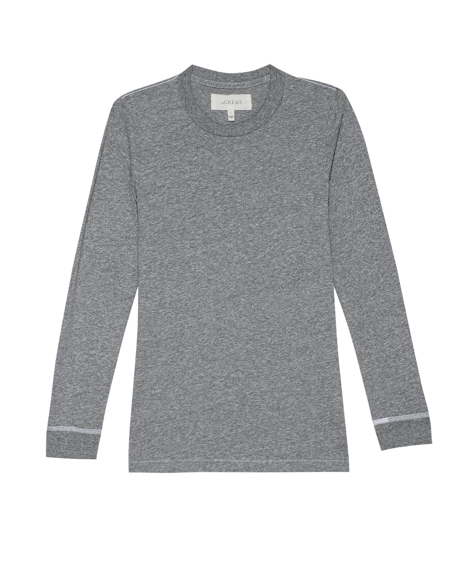The LS Slim Tee by The Great Inc. is a heather gray long-sleeve cotton jersey crew neck shirt with a simple design and subtle white trim at each sleeve edge, shown laid flat on a white background.