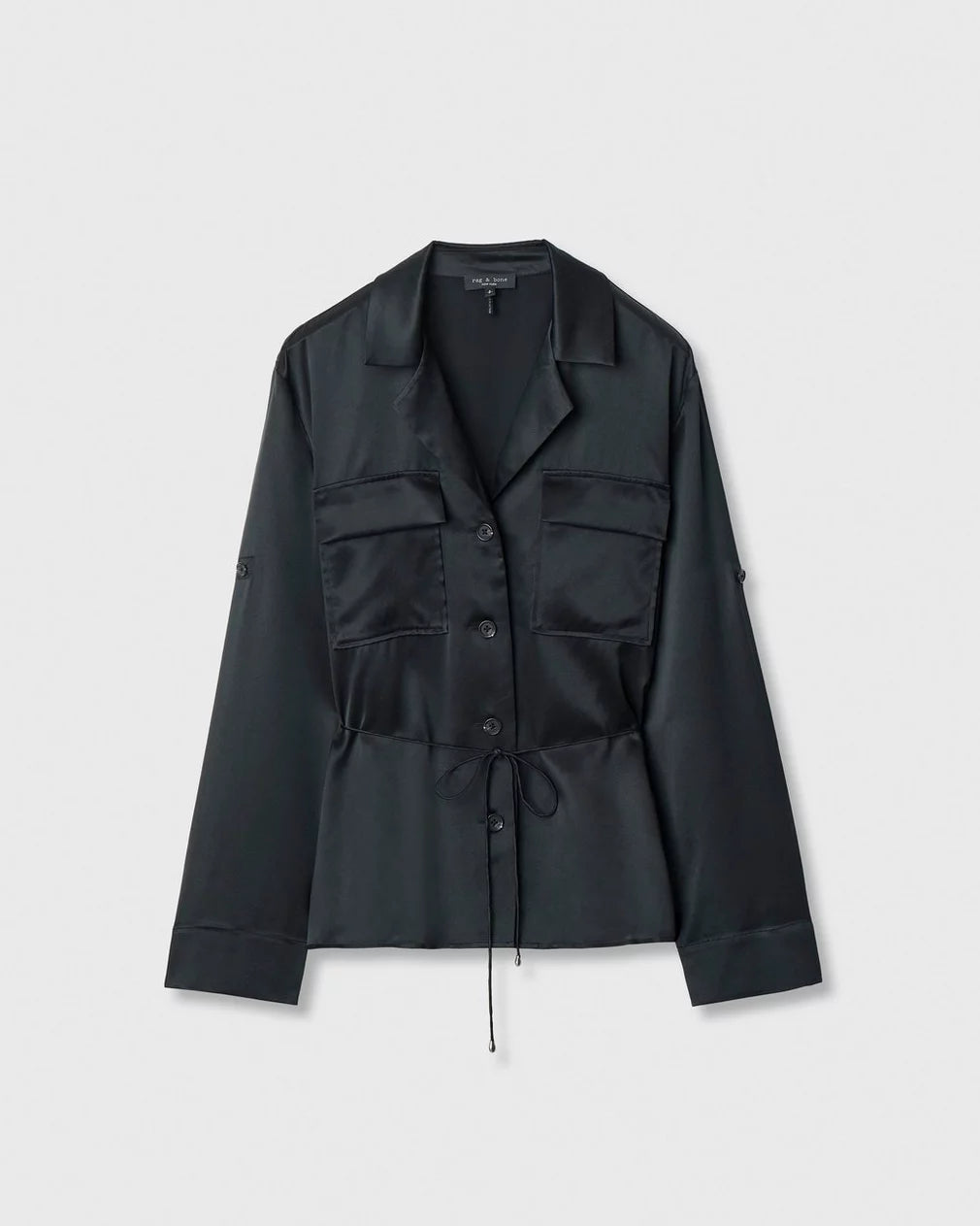 Black silk long-sleeve blouse with buttons, chest pockets, and adjustable waist by Rag &amp; Bone.