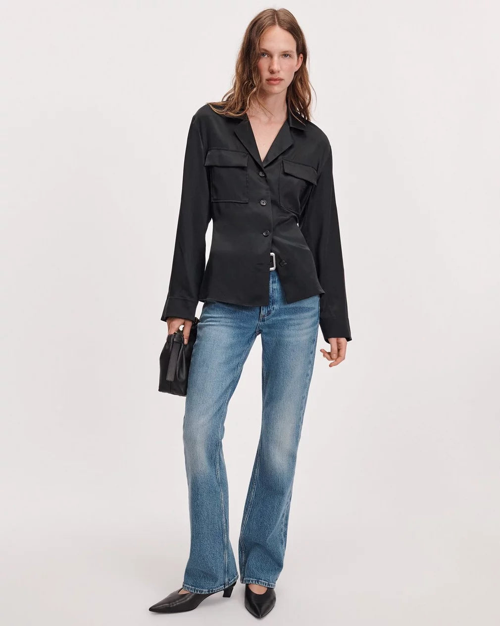 Rag &amp; Bone Sonny silk blouse in soft ivory, styled with blue jeans and black pointed shoes, urban casual look.