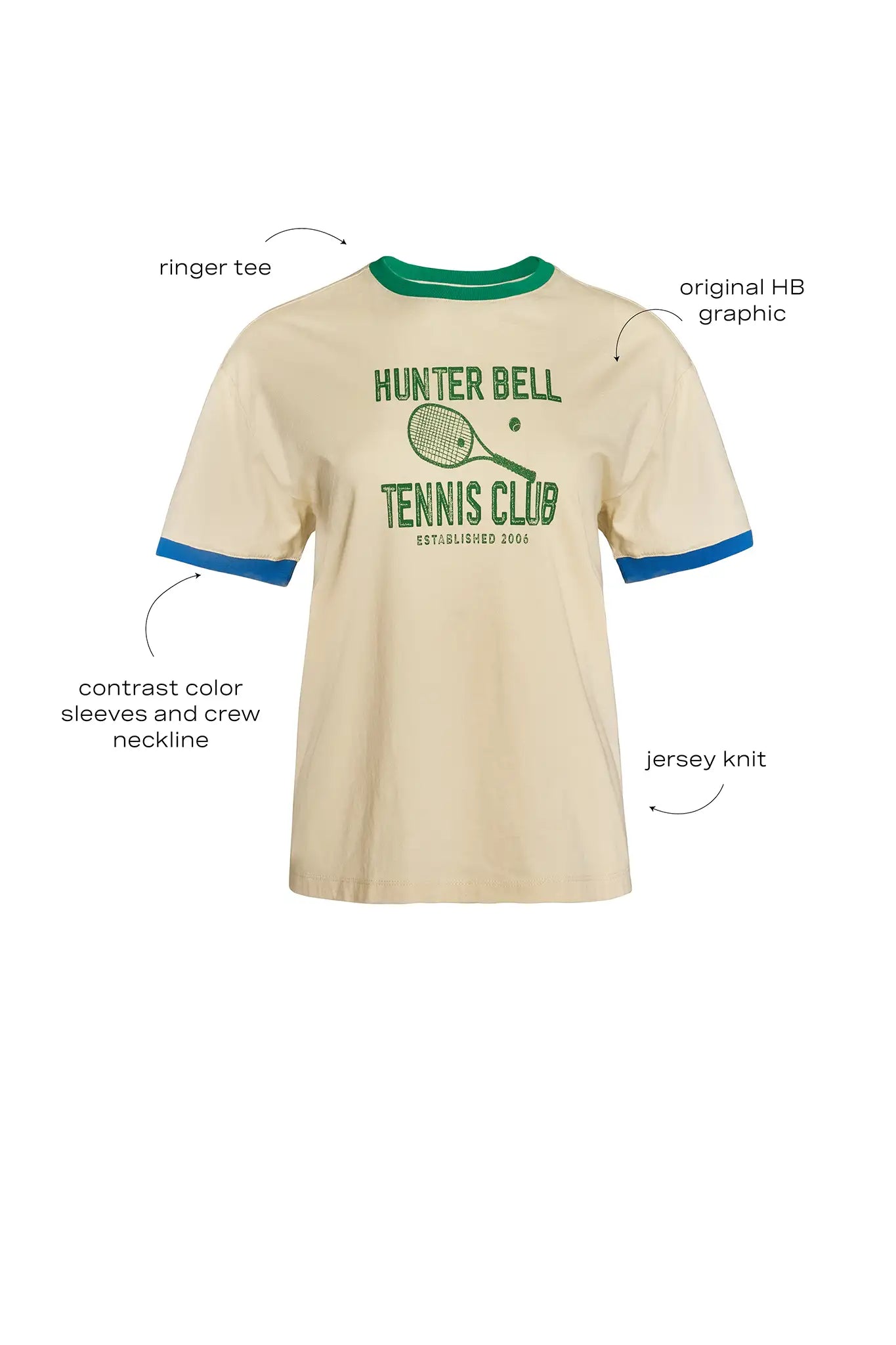 The Tennis Club Tee by Hunter Bell NYC is a cream ringer tee with green collar, blue sleeve cuffs, and “Hunter Bell Tennis Club” graphic on the front. Features contrast color details and soft jersey knit fabric.
