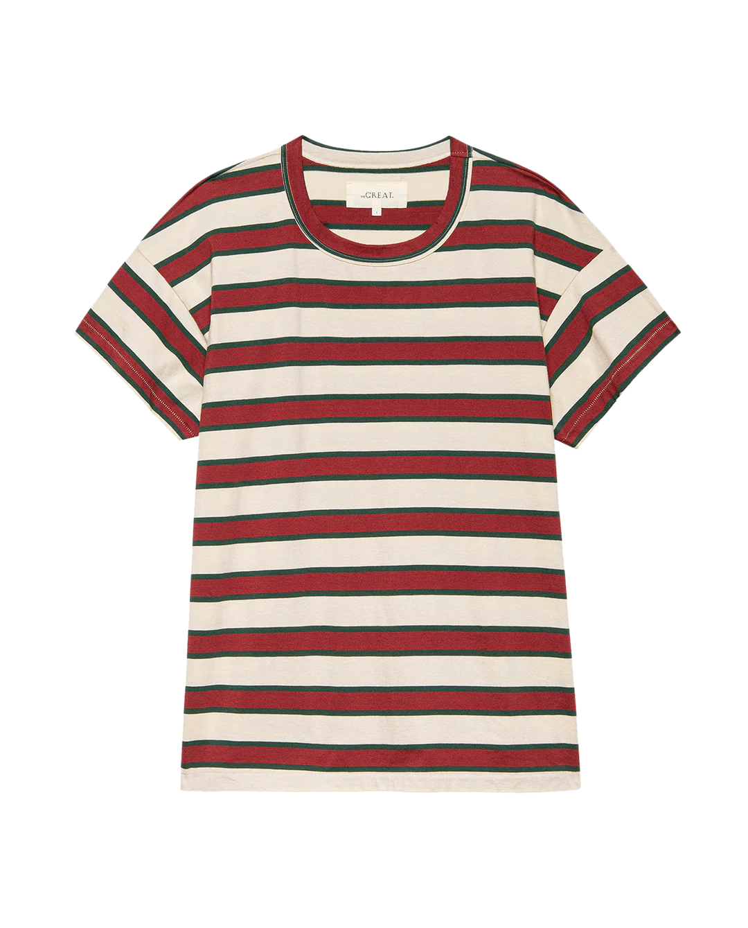 The Boxy Crew F25 by The Great Inc. is a 1970s-inspired short-sleeve T-shirt with horizontal red, green, and beige stripes on white, laid flat on a plain white surface.