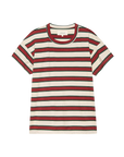 The Boxy Crew F25 by The Great Inc. is a 1970s-inspired short-sleeve T-shirt with horizontal red, green, and beige stripes on white, laid flat on a plain white surface.
