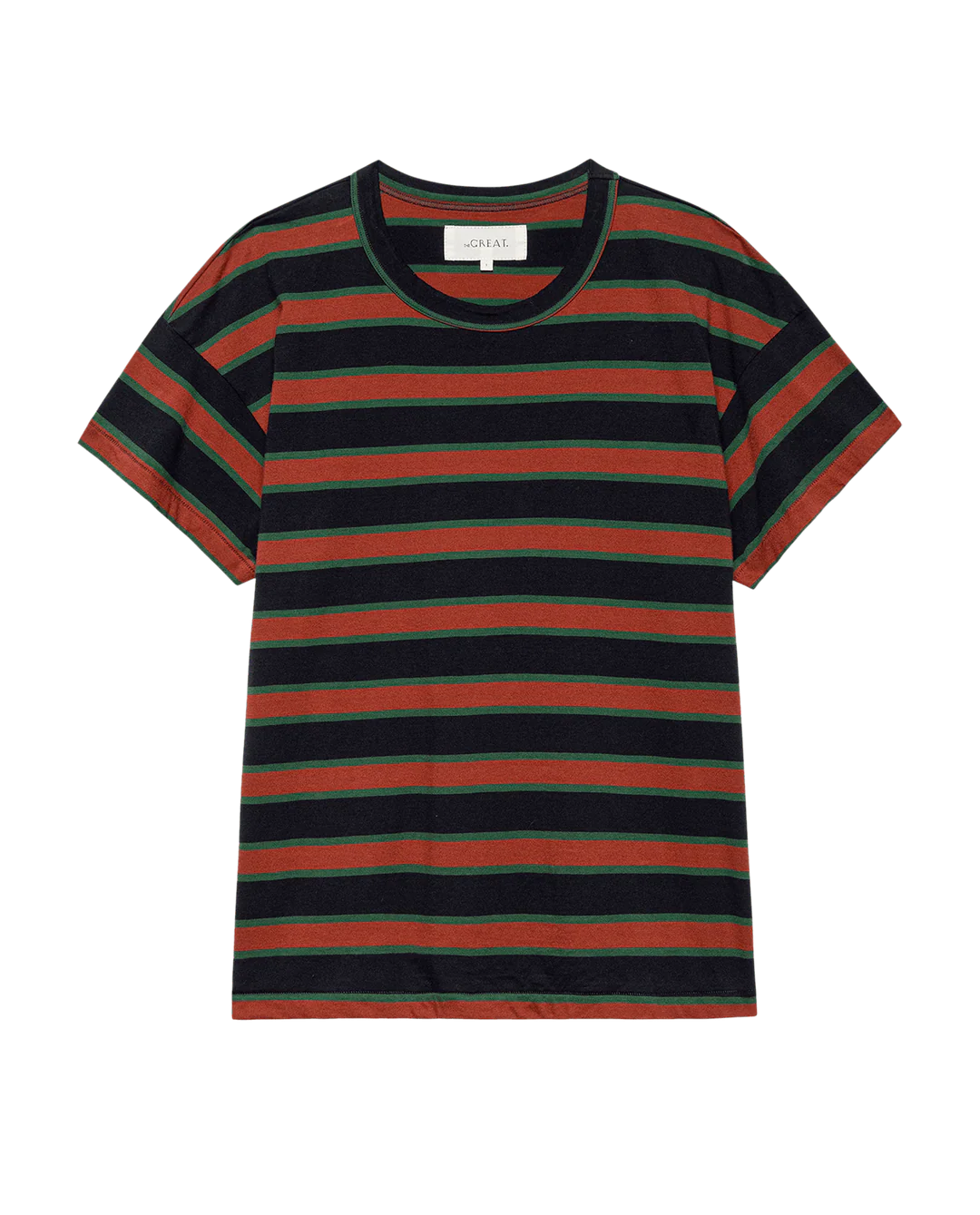 The Boxy Crew F25 by The Great Inc. is a short-sleeved, vintage tee with horizontal black, green, and reddish-brown stripes, shown flat on a white background.